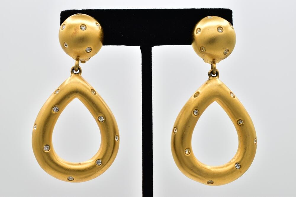Givenchy Vintage Teardrop Crystal Clip On Statement Earrings Brushed Gold BinAK